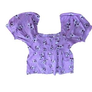 Floral Top Women's Square Neck Short Sleeve Lavender Purple Blouse S‎